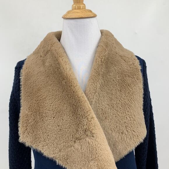 Lovestitch Cardigan Womens Small Navy Tan Faux Shearling Wide Shawl Open Front - Picture 7 of 13